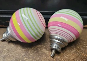 Lot of 2 Pottery Barn Kids Green Pink Yellow Stripe Ceramic Curtain Rod Finials - Picture 1 of 5