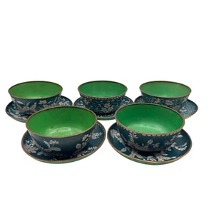 Vintage Lot of 10 Pcs Chinese Cloisonne Enamel Copper Floral Rice Bowl Plate Set - Picture 1 of 24