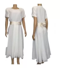 Vintage Talbots Chiffon Dress Silk Cummerbund Waist Midi Cream Ivory size 14 - Picture 1 of 16