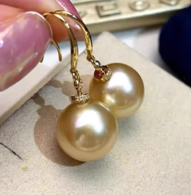 Moda AAA+ 10mm Oro Redondo Mar del Sur Concha Perla Pendiente 14k Pendientes Colgantes Foto 1 de 4