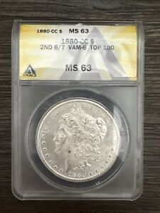 1880-CC Morgan Dollar Silver VAM-6,8/7, Top 100 $1 Uncirculated ANACS MS63