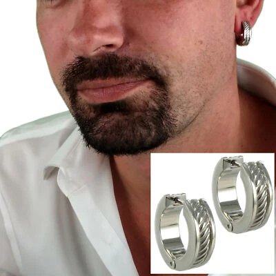 Rochet Hoop Earrings Mens Stainless Steel Heavy Cable Design 3/4" - Image 1 of 4