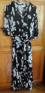 EUC CALVIN KLEIN WOMAN'S LONG BLACK & WHITE FLORAL FULLY LINED DRESS -- SZ. 14 - Picture 1 of 10