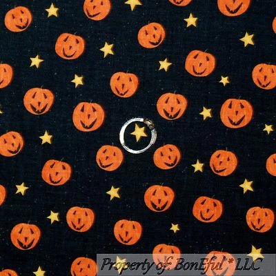 BonEful Fabric FQ Cotton Quilt Black Orange Yellow Star Pumpkin Halloween Small - Image 1 of 4