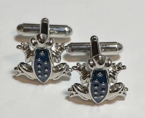 BERGDORF GOODMAN Cufflinks Rhodium-plated Stainless Steel & Blue Enameled Frog - Picture 1 of 6