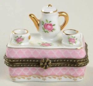 Vintage China Tea Time Trinket or Pill Box Pink Roses Teapot Teacups Not Hinged - Picture 1 of 23