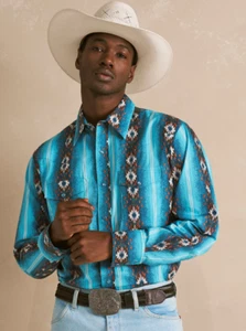 BEST COLOR WRANGLER Men's Checotah® Long Sleeve Western Snap Printed Shirt, Sea - Picture 1 of 4
