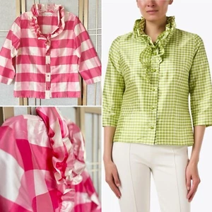 Connie Roberson Celine Silk Ruffle Neck Shirt Pink Check Plaid Blouse $425 M - Picture 1 of 11