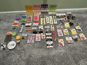 Lot of 50 Scrapbook Supplies Tools Eyelets Buttons Ribbons Stickers Tiles New - Picture 1 of 3