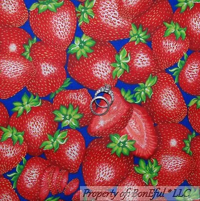 BonEful Fabric FQ Cotton Quilt Blue Red BIG Large Strawberry Flower Garden Toile - Image 1 of 4