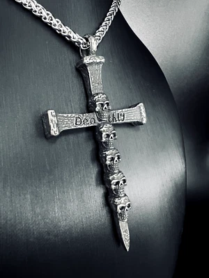 Totenkopf Kreuz Nagel Schädel Anhänger Edelstahl Kette Silber Herren Biker 253A - Bild 1 von 4