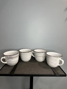 Set Of 4 Trellis White by Pfaltzgraff Coffee Mug Whitewashed Embossed Scrolls * - Picture 1 of 11