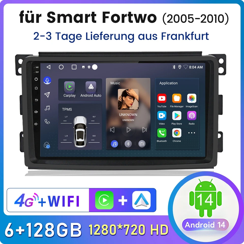 6+128G Android Autoradio 4G+ GPS Navi FM Für Mercedes Smart Fortwo 451 2005-2010 - Bild 1 von 4