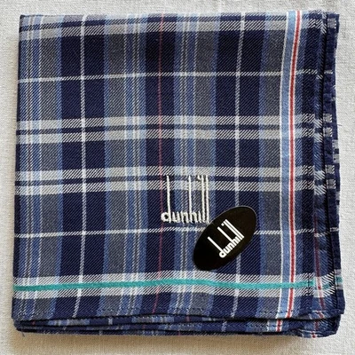 Lenço vintage Dunhill azul marinho algodão tartan xadrez clássico bolso quadrado 19" - Imagem 1 de 3