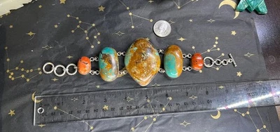 Opulent Vintage Native American Navajo Turquoise Coral Silver Bracelet Rare - Image 1 of 4