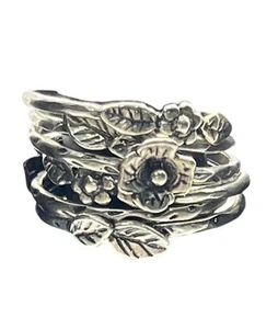 Stackable sterling silver set of flower leaves rings size 9 Israel handmade - Picture 1 of 13