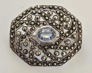 Broche PIN Vintage Mediados de Siglo Topacio Azul Marcasita Plata de Ley - Imagen 1 de 5
