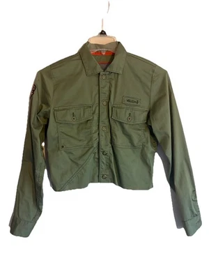 Volcom Olive Green Military Cropped Jacket Women’s Size Med Snap Front Patches - Image 1 of 4