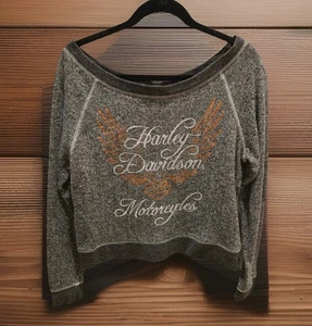 HARLEY DAVIDSON Shirt Womens XX-Large Gray Cropped Off Shoulder Top El Paso TX - Picture 1 of 11