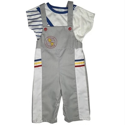 Salopette vintage 2 pezzi anni 70 Toddle Time JC Penney Boy "World Explorer" grigio/bianco nuova senza etichette - Immagine 1 di 4