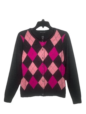 Cárdigan para mujer New York and Company talla mediana suéter gris y rosa Argyle Foto 1 de 4