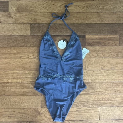 NWT Tularosa Lovely Lace Grey Halter Embellished High Cut One Piece Swimsuit M - Image 1 of 4