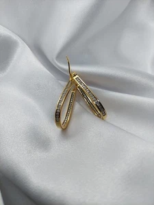 18K Yellow GOLD STERLING INSIDE OUT NATURAL Diamond HOOP EARRINGS Oblong 1.00ct - Picture 1 of 21