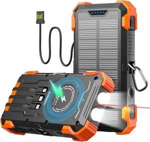 Solar Powerbank 26800 mAh tragbares Ladegerät mit 4 integrierten Kabeln IPX7 - Bild 1 von 24