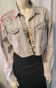 Chaqueta Denim Recortada Tráfico Años 80 De Colección Talla L Pintada a Mano Gato Sobre Hombro Retro - Imagen 1 de 14