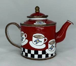 Kelvin Chen 3" Miniature Enamel Teapot with Coffee Mugs Red Black White Checks - Picture 1 of 11
