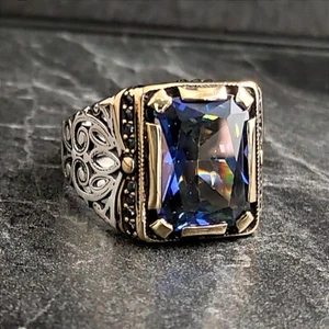 Men Silver Square Tanzanite Gemstone Ring, 925K Silver Rainbow Color Stone Ring - Picture 1 of 8
