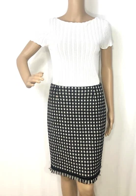 Harold's Size 4 Black White Geometric 100% Wool Lined Fringe Hem Pencil Skirt - Image 1 of 4