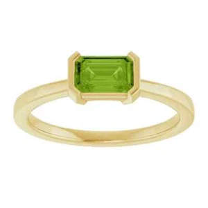 14K Solid Yellow Gold AA Natural Emerald Peridot Ring Half Bezel - Picture 1 of 5