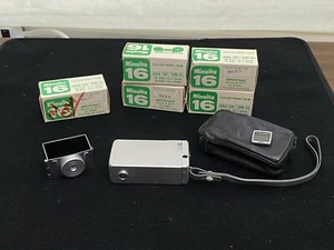 VINTAGE MINOLTA 16 CAMERA W/ TRIPOD/FLASH ADAPTER & 4 CARTS COLOR FILM ASA 100 - Picture 1 of 22