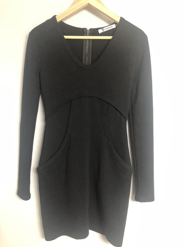 T By Alexander Wang MINI ABITO NERO ELASTICIZZATO MANICA LUNGA TASCA TG 6