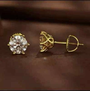 Ohrringe 2 kt Rundschliff Moissanit massiv 14 Karat Gelbgold Schraubverschluss - Bild 1 von 3