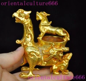 China dynasty bronze gild propitious phoenix beast Wine vessel Goblet Cup statue - Picture 1 of 8