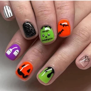 24 Halloween Press On Nails Square Ghost Face Glitter Short Orange Green Purple - Picture 1 of 9