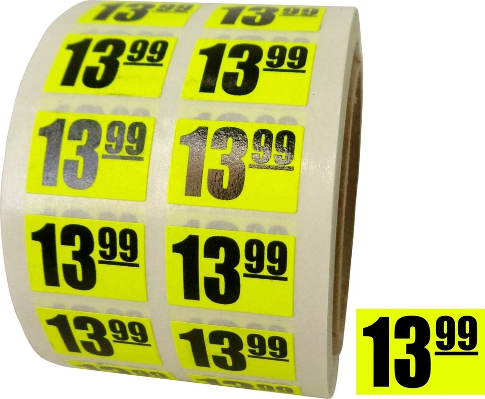 SQUARE DEAL RECORDINGS & SUPPLIES 13.99 $14 Sale Discount Price Labels Stickers DAY-GLO YELLOW .75"x.5" Store Use
