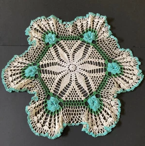 Crocheted White Doily Handmade Vintage 3D Roses Aqua & Green  21" Large - Picture 1 of 5