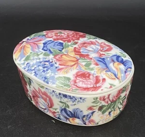 Porcelain Floral Hand Painted Oval Floral Trinket Box Dish Japan Ceramic - Picture 1 of 9