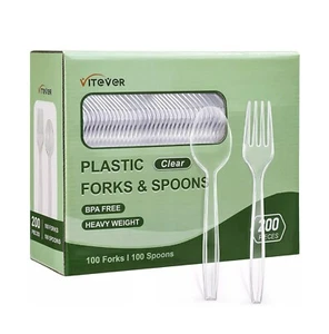 200 Count Disposable Plastic Silverware Heavy Duty Plastic Forks and Spoons Set - Picture 1 of 7