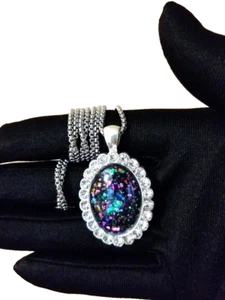 Opal Pendant Purple Fire Resin Opal 18x25mm On a Stainless-Steel Venetian Chain - Picture 1 of 5