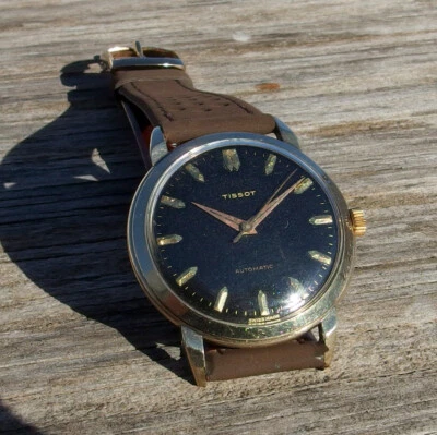 Tissot Watch Vintage 1959 Black Gilt Dial Rare Box Automatic Cal. 890 Swiss Made - Immagine 1 di 4