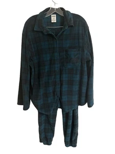 Pink Victoria’s Secret Green & BlackPlaid Flannel Cotton Pajama Set Size Large - Picture 1 of 15
