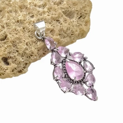 Colgante de joyería de plata de ley 925 hecho a mano con piedras preciosas de kuncita rosa tamaño-2,4" Foto 1 de 4