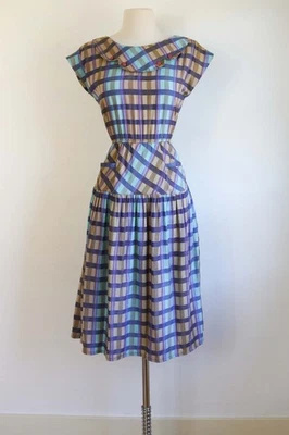 Vintage 1980s Madras Plaid Dress Violet w Button Trim Sundress S/M - Image 1 of 4