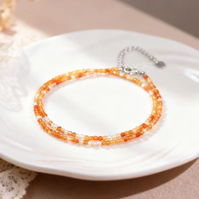 Natural Carnelian 2mm Beaded Choker Necklace Minimalist Dainty Healing Jewelry - Image 1 of 4