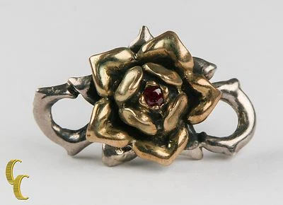 Single Vintage Sterling Silver & Yellow Gold Rose Cufflink with Ruby - Image 1 of 4