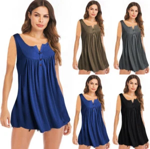 Women's Summer Sleeveless Button Up Casual Loose Tank Tops Tunic Shirts Blouses - Picture 1 of 12